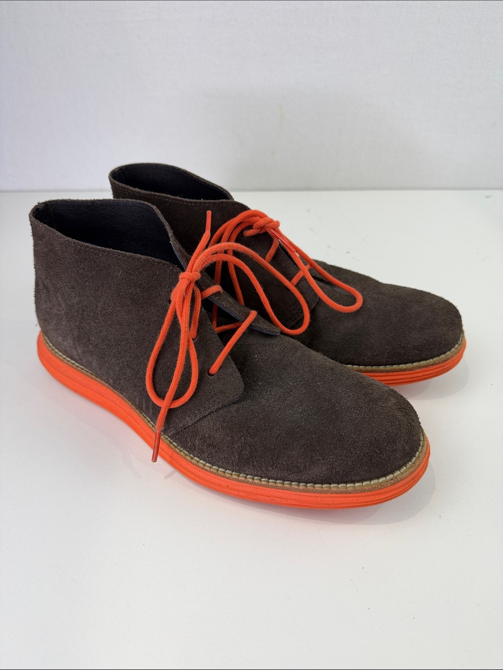 Cole Haan Brown Suede Chukka Boots with Orange Laces and Sole